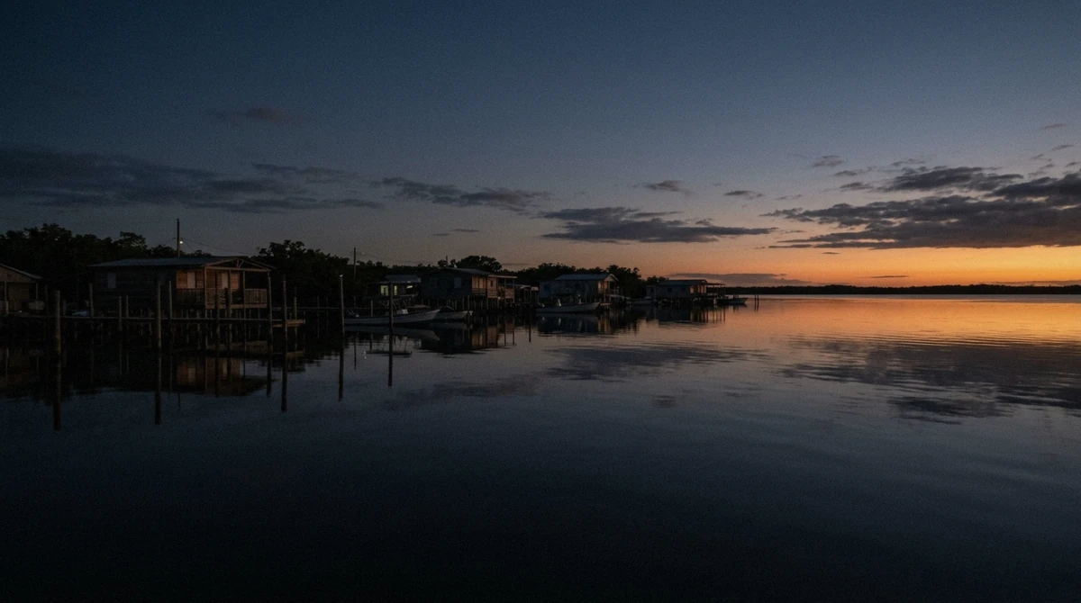 Glassy calm dark water at dusk in a tropical bay with the last orange light on the horizon in La Parguera, Puerto Rico