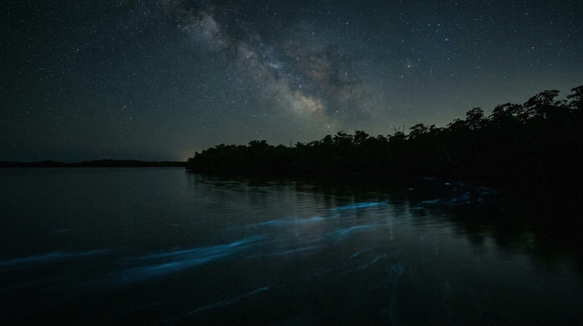 Starry night sky over a black tropical bay with a faint blue glow streaking the water in La Parguera, Puerto Rico