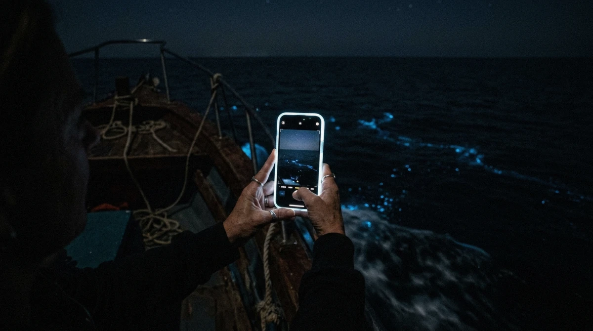 Phone photographing faint blue bioluminescent water at night from a boat, image mostly dark