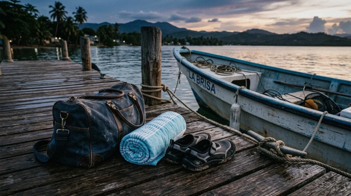 Duffel bag, towel and water shoes on a wooden dock before a night boat trip in Puerto Rico