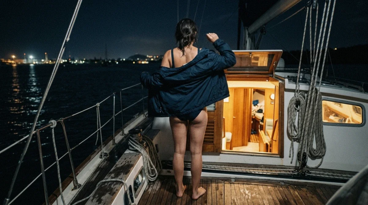 Person pulling a light jacket over a swimsuit on a boat deck after dark in Puerto Rico