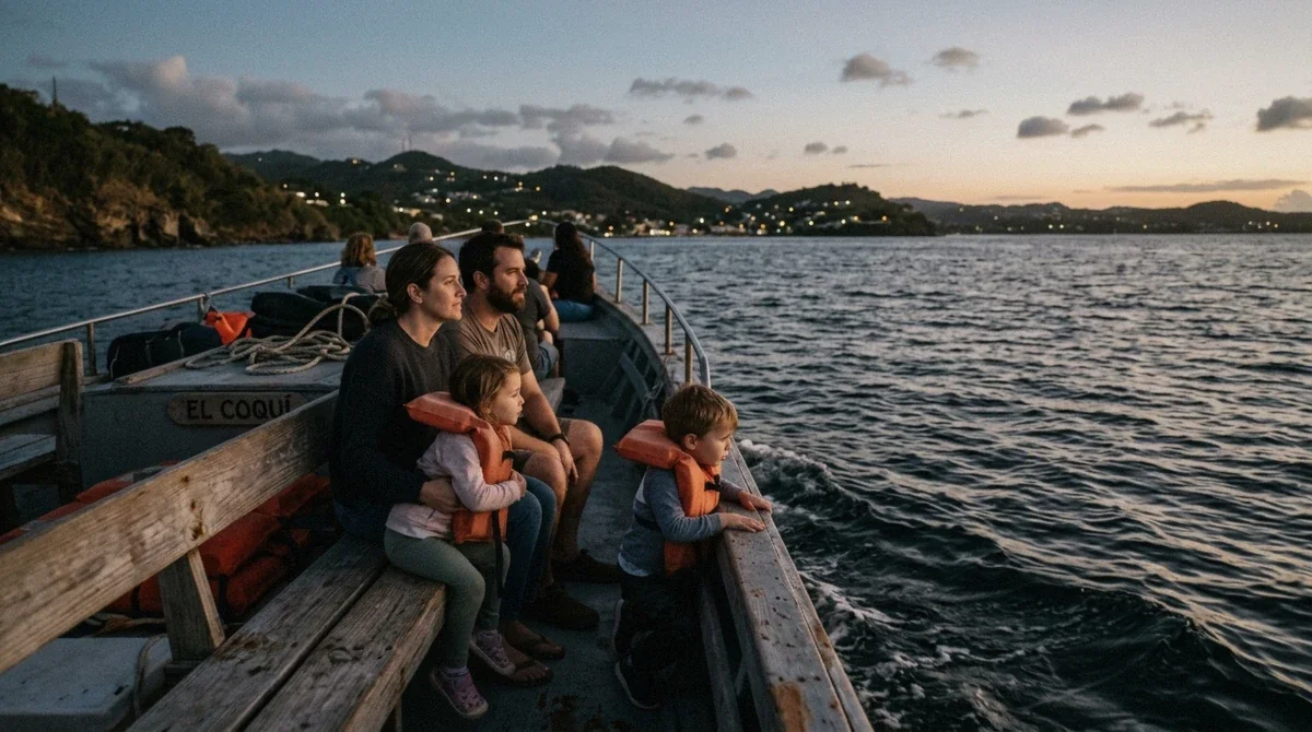 Family with children wearing life jackets on a small tour boat at dusk in Puerto Rico