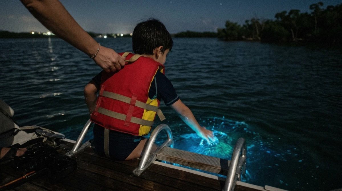 Child in a life jacket reaching into glowing blue water from a boat ladder at night in La Parguera, Puerto Rico