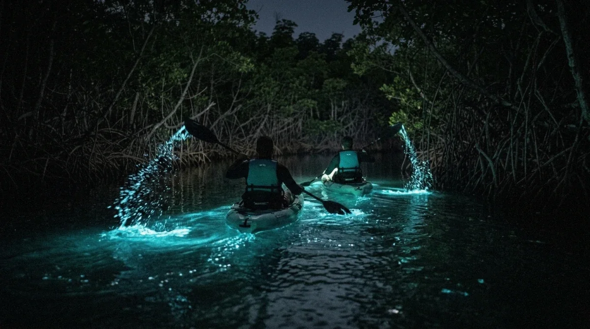 Kayakers paddling single file through dark mangrove water at night in Fajardo, Puerto Rico