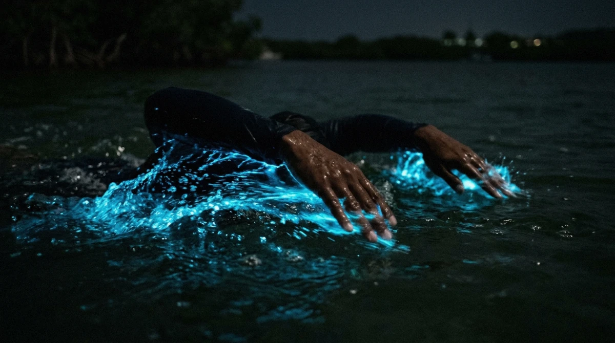 Bioluminescent tour boat crossing glowing dark water at La Parguera, Lajas, Puerto Rico